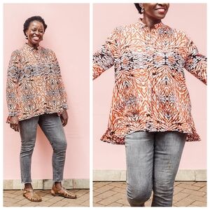 Zuri Kenya Take Root Shirt Medium 100% Cotton Orange Kitenege African Wax Print